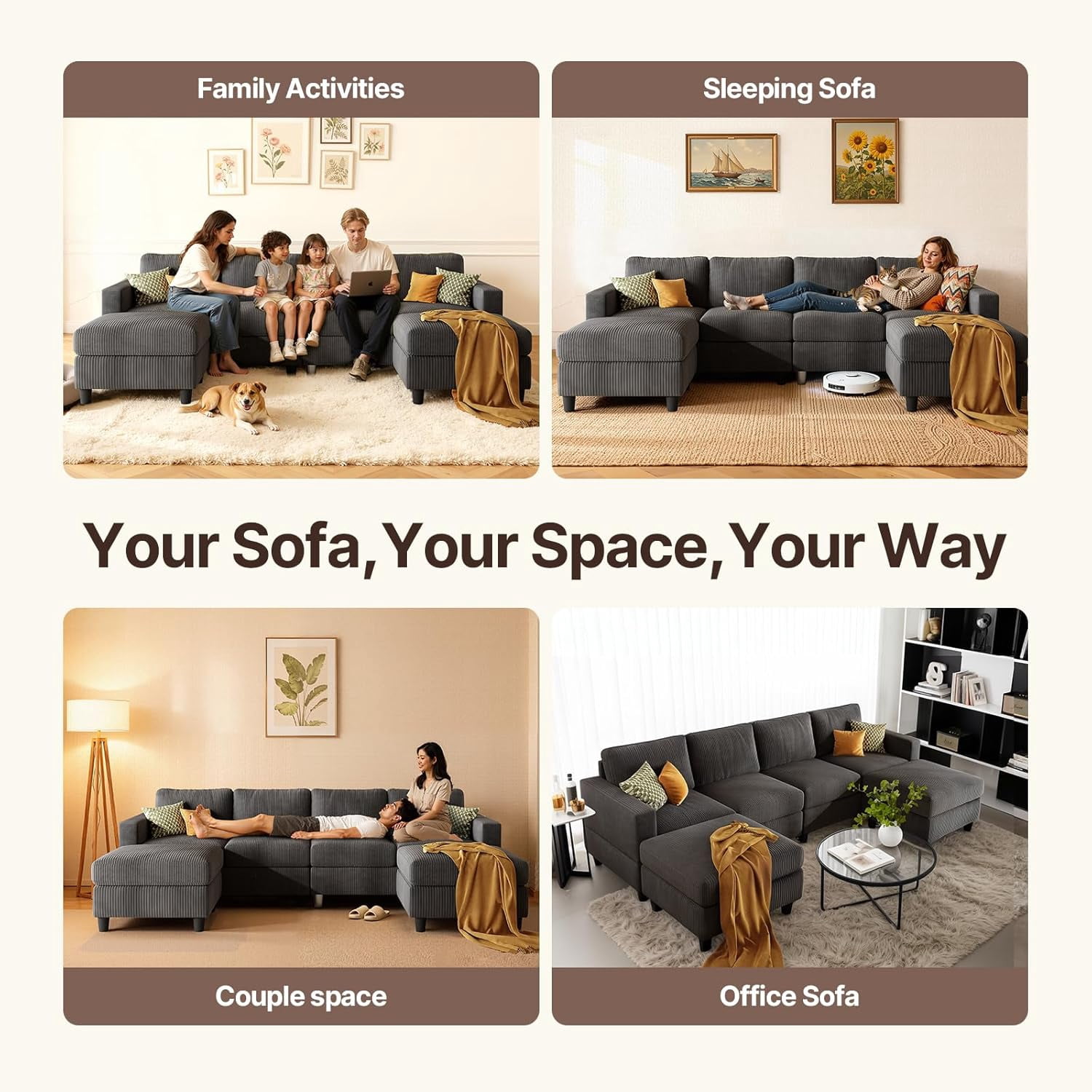 AENKYO U-Shaped Sectional Sofa Couch with 2 Ottomans, Convertible 4-Seat Living Room Furniture with Removable Cushions, Gray