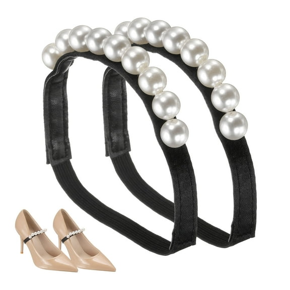 Uxcell 2 Pairs High Heels Shoe Straps, Beads Elastic Shoe Straps Heels Detachable Ankle Straps Replacement Shoelace Crystal for Women Loose High Heels Slippers Sandals, Black White