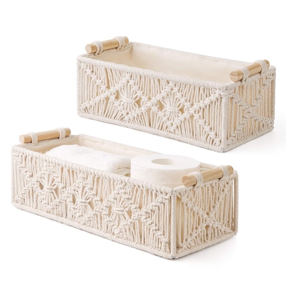 Mkono Macrame Storage Baskets Boho Decor Box Handmade Woven Decorative Countertop Toilet Tank Shelf Cabinet Organizer for Bedroom