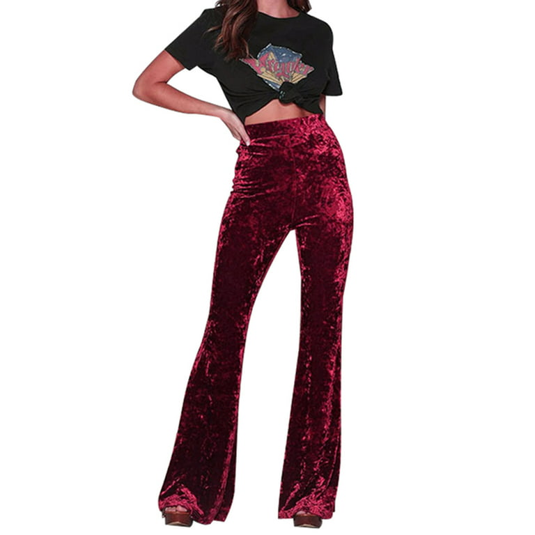 Womens High Waist Crushed Velvet Flare Pants Ladies Casual Bell Bottoms  Trousers