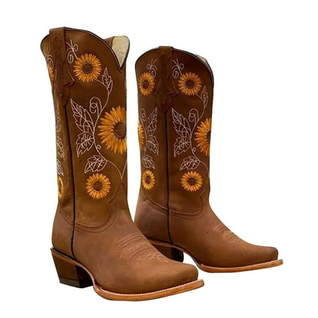 

Women S Sunflower Printed Western Boots Cowgirl Round Toe Short Boots Embroidered Boots Retro Middle Boots Ethnic Totem Women S Boots High-Quality Artificial Pu Leather Upper Back Zipper Design