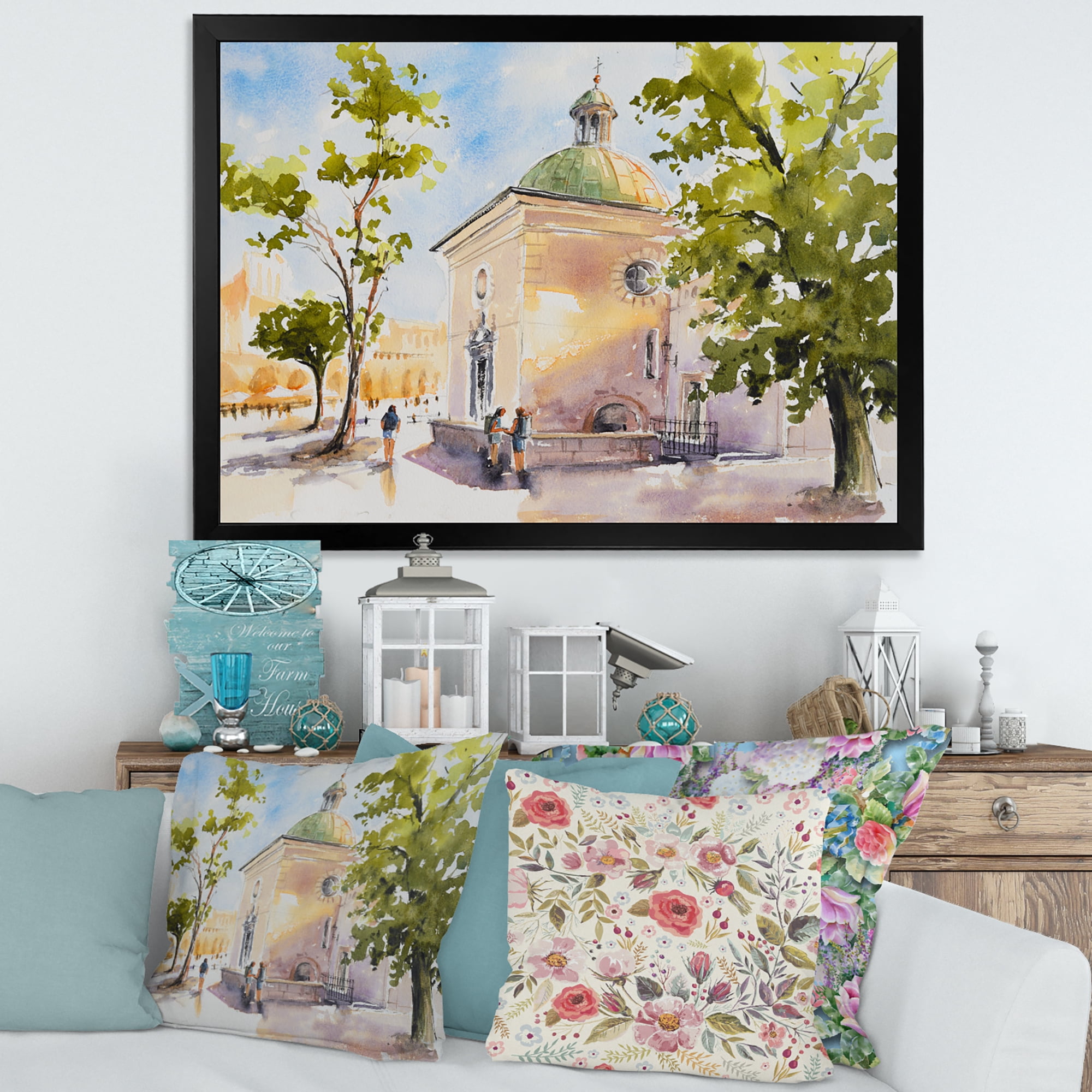 Designart 'People At Rustic Church In The Village' Country Framed Art Print