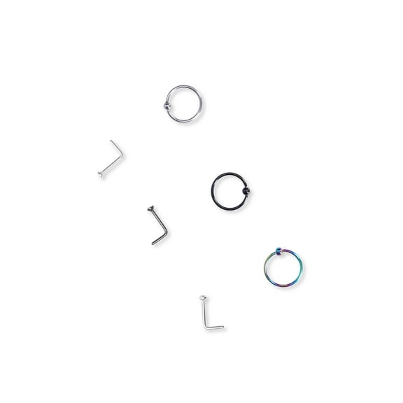 Tri Tone Nose Ring Set with 3 Studs,3 Hoops, Multi-Color, 6-Piece