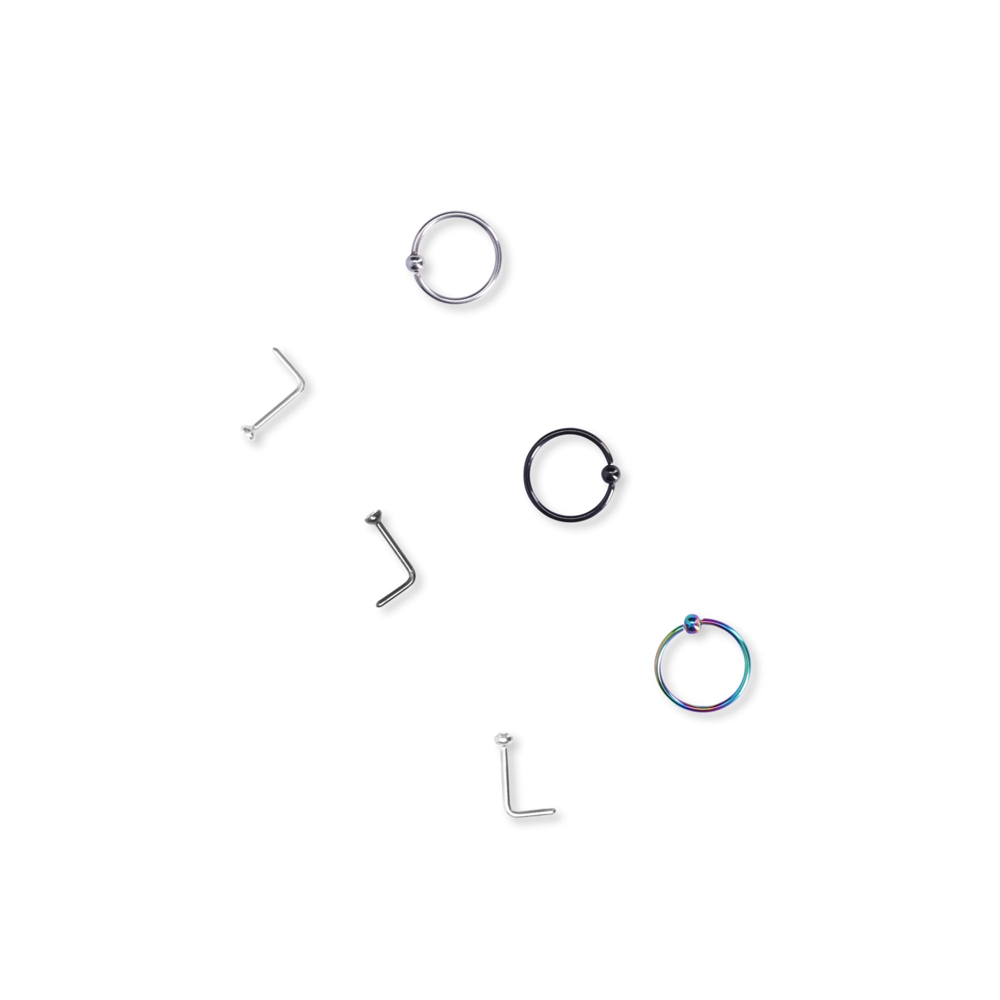 Tri Tone Nose Ring Set with 3 Studs,3 Hoops, Multi-Color, 6-Piece