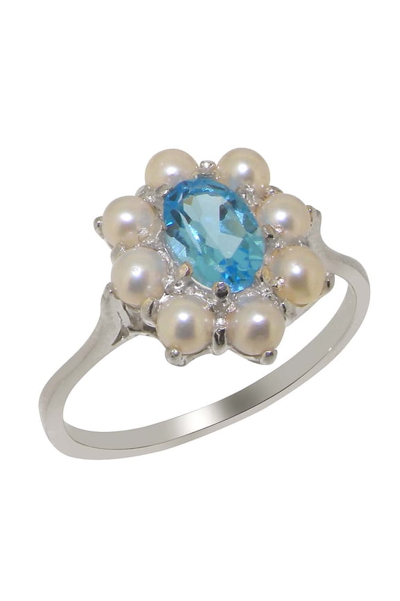 LBG British Made 9k White Gold Natural Blue Topaz & Cultured Pearl Womens Statement Ring - 33 size options - Size 9