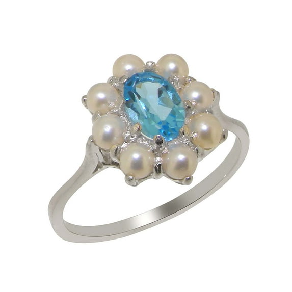 LBG British Made 9k White Gold Natural Blue Topaz & Cultured Pearl Womens Cluster Ring - 33 size options - Size 5.25