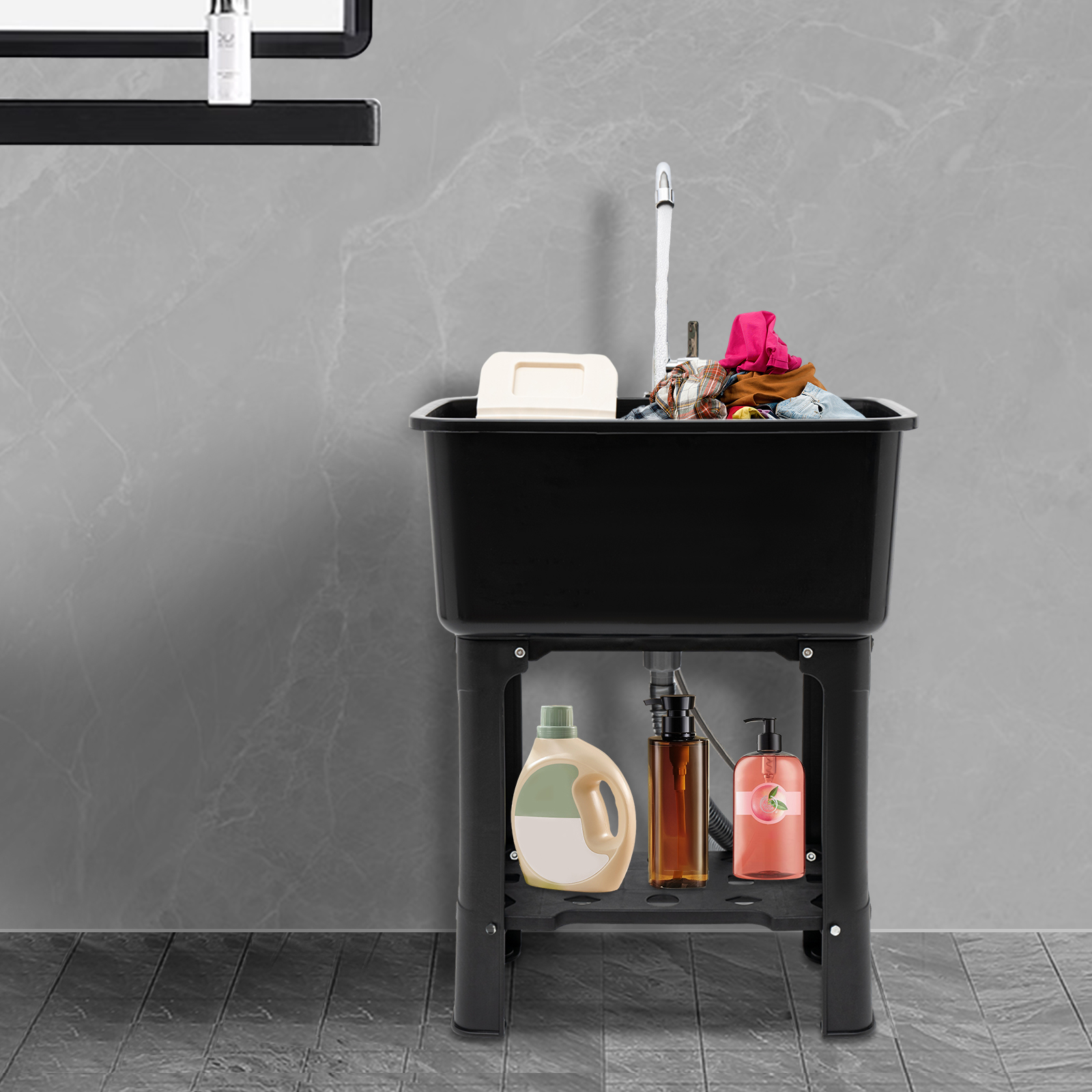 ChicHomey Freestanding Utility Sink with 360° Rotating Faucet,Large Capacity Black PP Sink, for Garage, Laundry Room and Garden