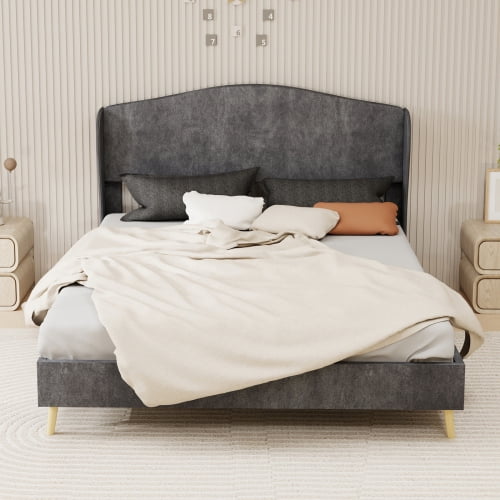 Velvet Upholstered Bed, Queen Size Tufted Platform Bed with Plush Headboard, Beige Fabric Bed Frame for Master Bedroom, Luxurious & Modern Design