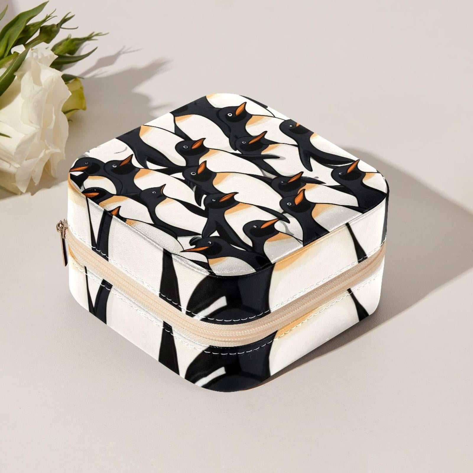 PhooArto Small Jewellery Box, Penguins Pattern Portable Travel Mini Jewelry Case for Women Leather Ring Organizer
