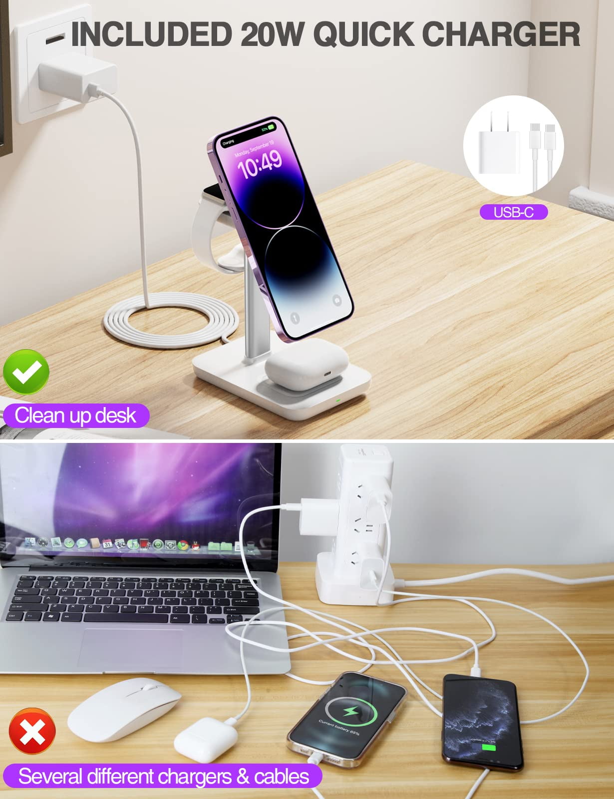 Miroddi Magnetic Wireless Charging Station Compatible for iPhone, Apple Watch, AirPods, 3-in-1 Wireless Charging Stand with 20W Quick Charger, Gifts for Him Her, White