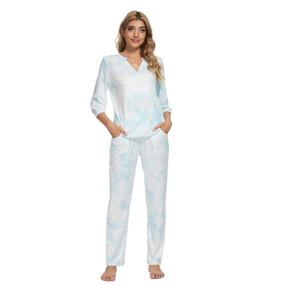 MintLimit Women's Pajamas Set Nightwear 3/4 Sleeve Shirt with Long Pants Sleepwear Tie-dyed V-neck Loungewear Pjs with Pockets