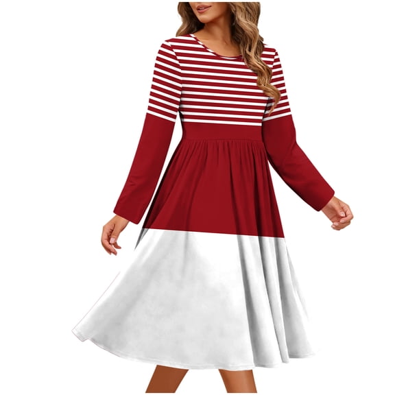 JSheng Women's Long Sleeve Dress Fashion Leisure Solid Color Round Neck Flowy Comfy Dresses with Pocket Z-Wine L