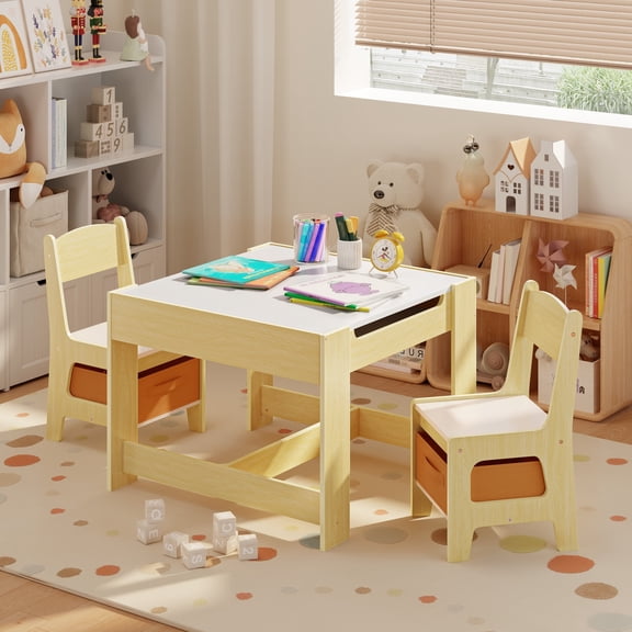 3-in-1 Kids Table and Chairs Set with Removable Tabletop Storage, Toddler Craft Table and Charis for Drawing Playing Studying Eating in Playroom Kids Room Living Room, Natural