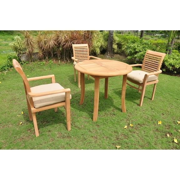 Teak Dining Set:3 Seater 4 Pc - 36" Round Table And 3 Stacking Sam Arm Chairs Outdoor Patio Grade-A Teak Wood WholesaleTeak #WMDSMS2