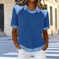 thumbnail image 2 of hotojiny Women's Tops Casual Collared Short Sleeve Denim Shirt Fashion Patchwork Knit Pullover Loose Tunic Blouses Spring Outfit S-3XL, 2 of 5