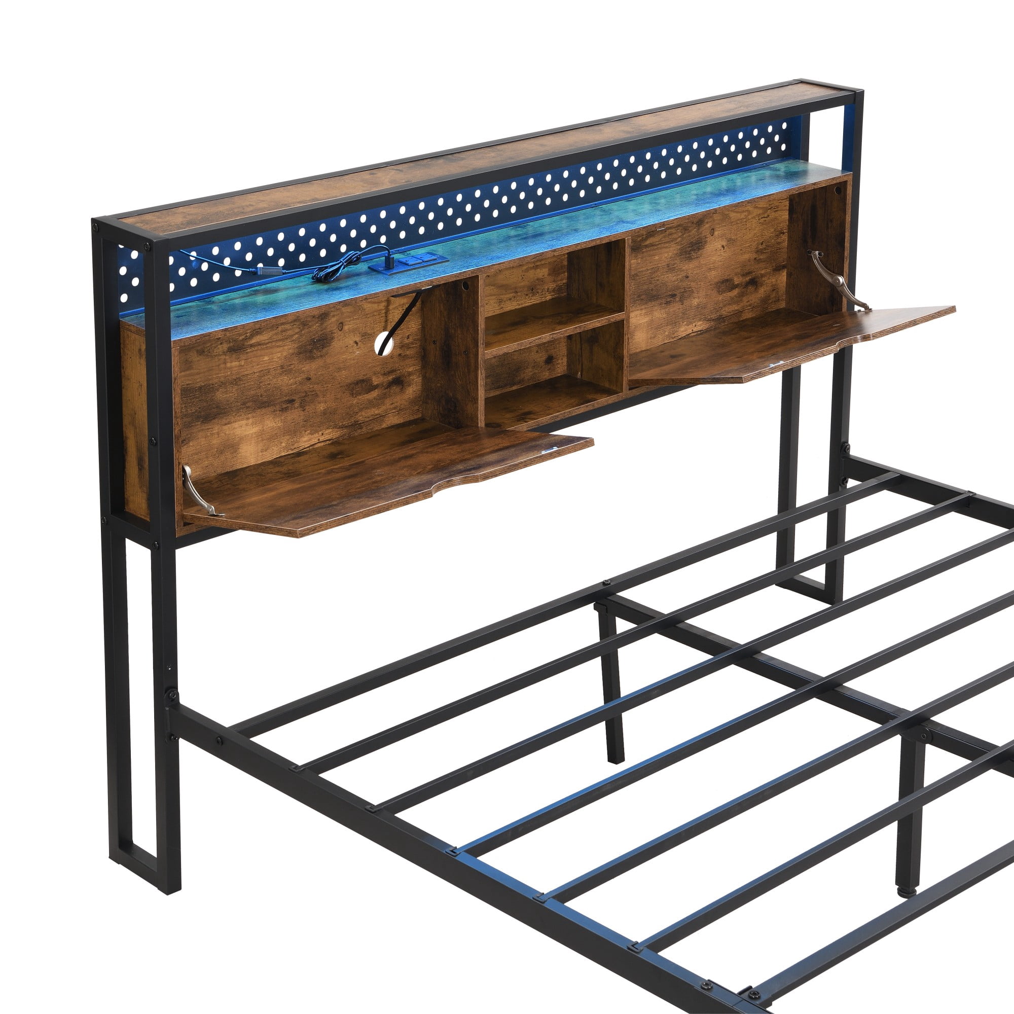 Gewnee Full Size Metal Platform Bed with Wooden Headboard & Footboard - LED Light, Storage Drawers, Charging Station, No Box Spring, for Bedroom/Dorm