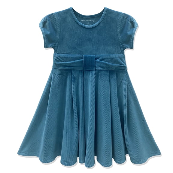 Millie Loves Lily Girls' Teal Rib Velour Short Sleeve Dress With Bow Waistband,Big Girls, Size 10