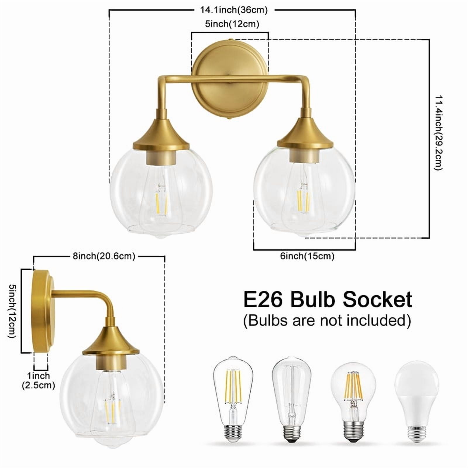 Bathroom Vanity Light with Clear Glass Shade, E26 Base, Bathroom Light Fixtures Over Mirror, Vanity Lights for Bathroom (Exclude E26 Bulb) - Gold, 2-Lights