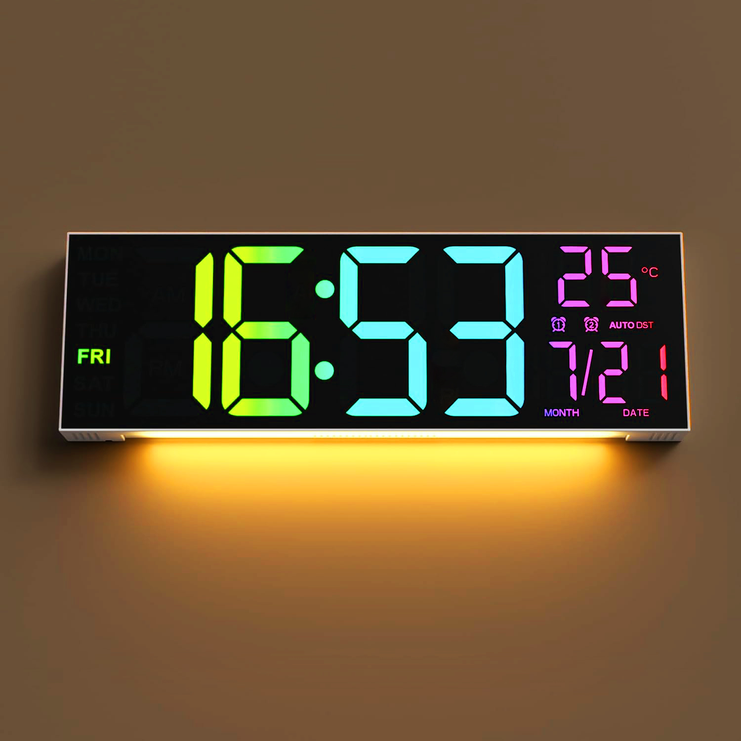 Mee 2ou 16" Large Digital Clock With Temperature, Date, Auto DST, Night Light, Auto Brightness Dimmer, 24/12-hour Wall Clock for Living Room Garage Office Classroom Gym Shop Decor