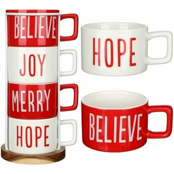 Set of 4 10 oz Christmas Stackable Large Coffee Mugs with Rack Porcelain Coffee Cups Ceramic Coffee Cup Set with Metal Stand Christmas Theme Coffee Mug for Espresso Tea Cocoa, Red White