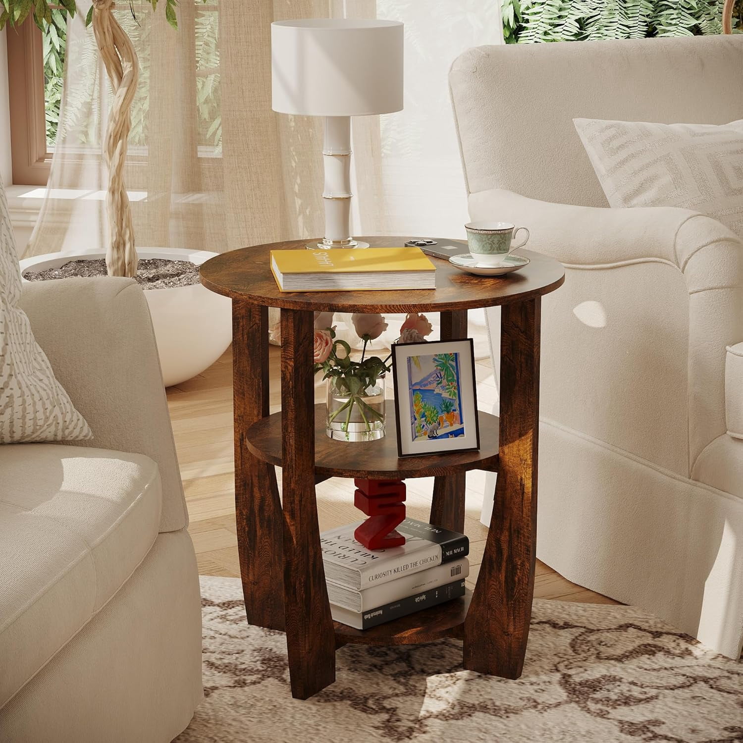 ZEXVIDA Round End Table with Storage Shelf,3 Tier Modern Side Table, Accent Table/Nightstand,19.7" D x 21.7" H