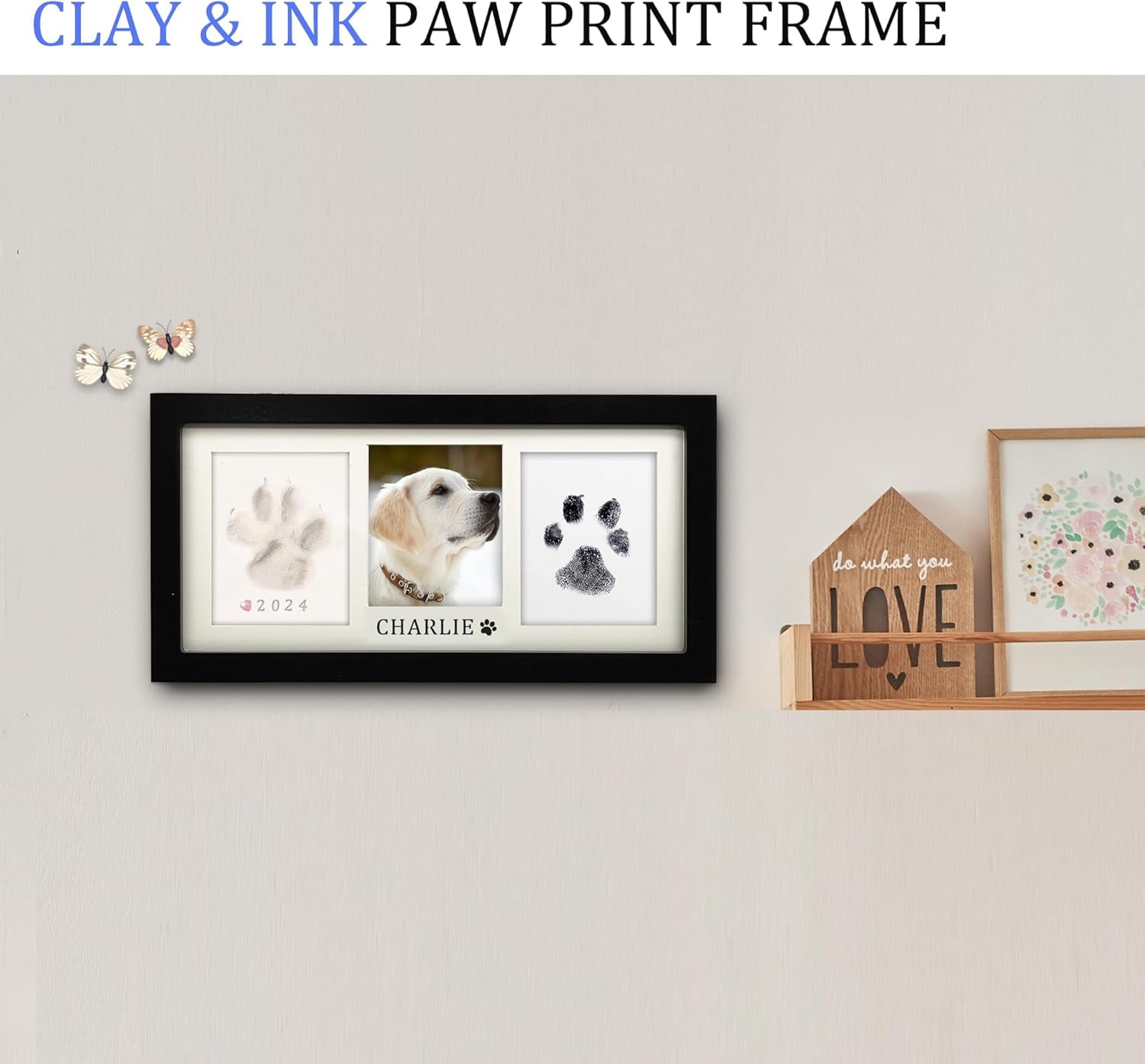 Zeokiar Paw Print Frame Kit,Dog/Cat Paw Print Kit,Soft Pawprint Clay&Clean Touch Ink Pad,Pet Paw Print Impression Kit with Customization Tool,Wooden Pet Memorial Frame,DIY Dog Lover Gifts