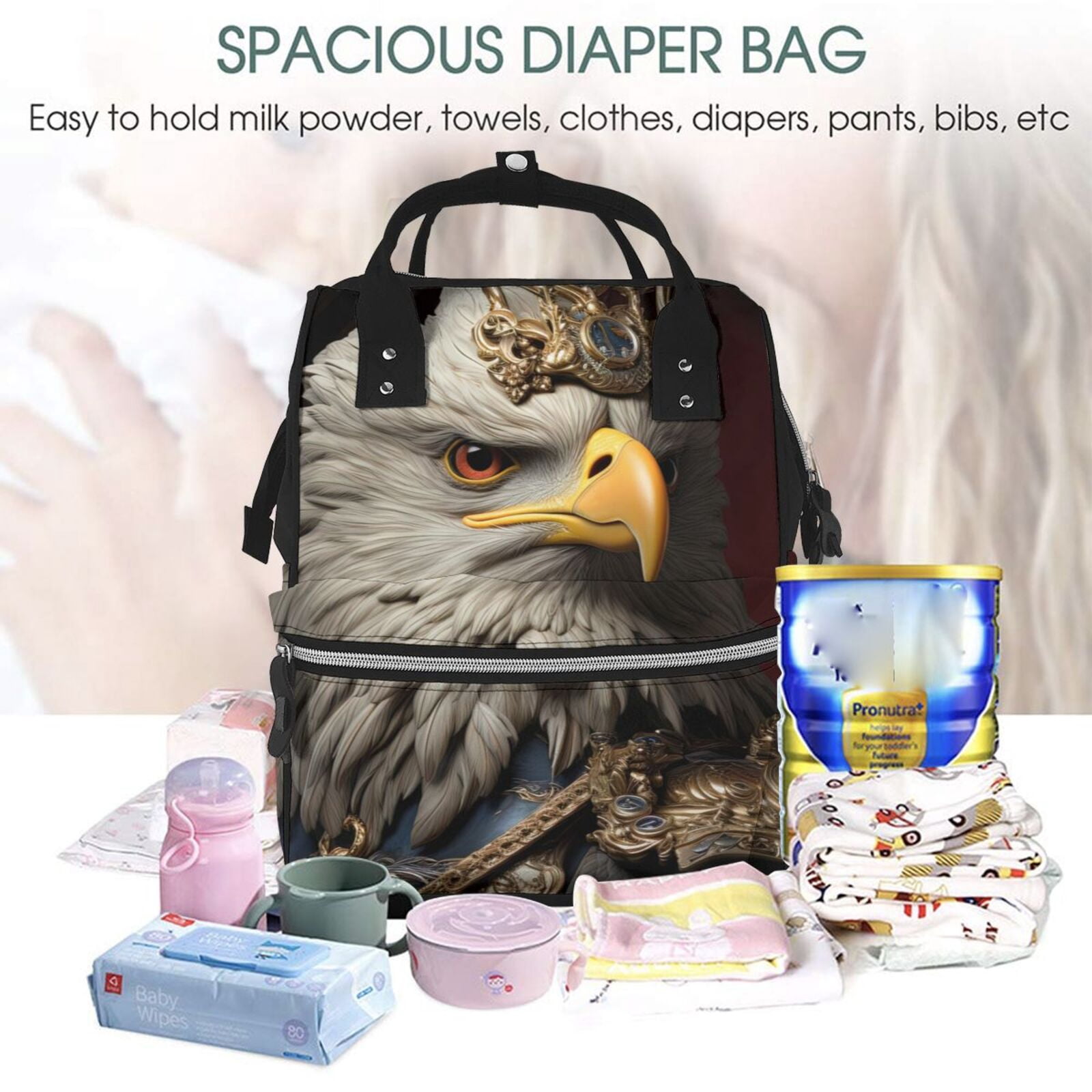 Ratiio Noble Style Bald Eagle Mummy Backpack - Waterproof Twill Canvas, Large Capacity Diaper Bag with Multiple Pockets and Adjustable Straps