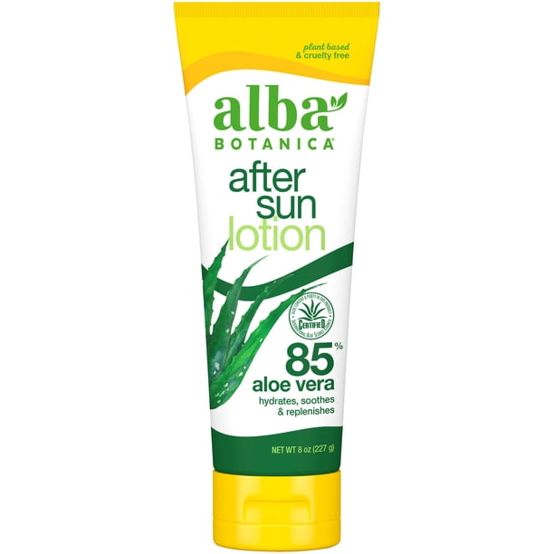 Alba Botanica Loción de aloe vera para la piel, tratamiento calmante para después del sol para el rostro y el cuerpo, elaborado con fórmula de gel de aloe vera al 80 % Claro 8 onzas (paquete de 1)