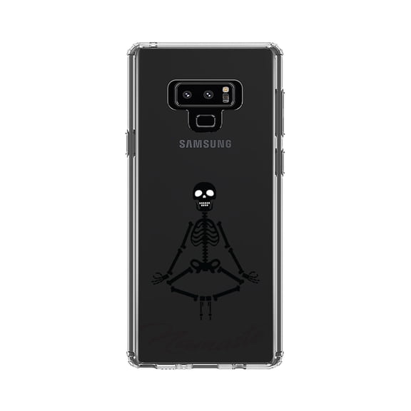 DistinctInk Clear Shockproof Hybrid Case for Samsung Galaxy Note 9 - TPU Bumper, Acrylic Back, Tempered Glass Screen Protector - Namaste Yoga Skeleton