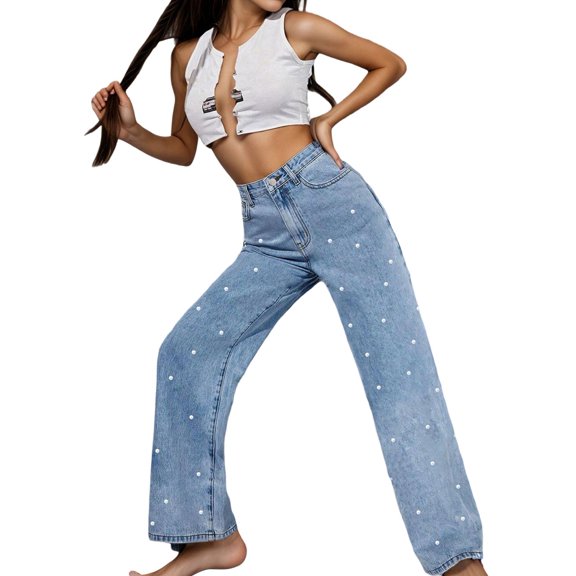 Women High Waisted Jeans Boyfriend Baggy Wide Straight Leg Casual Denim Pants Trousers Light Blue XS