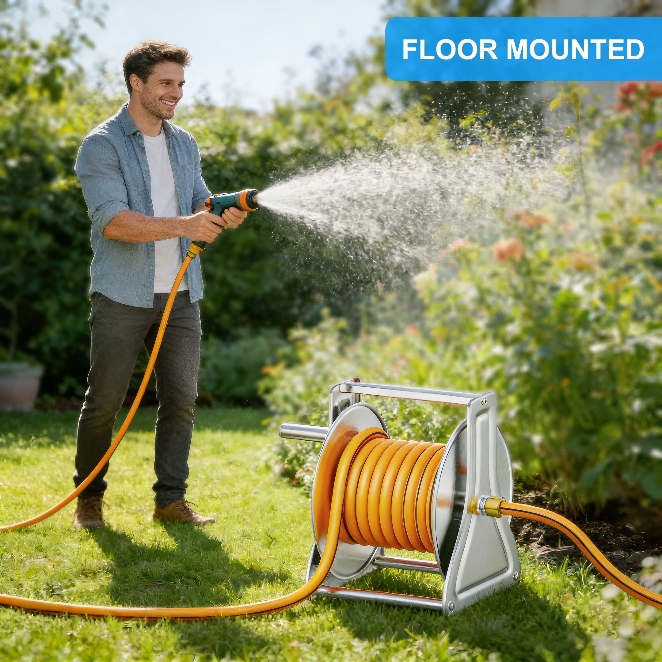 FANHAO Wall Floor Mounted Garden Hose Reel, Outdoor Heavy-Duty Water Hoses Holder Winder, Holds 125 Ft of 5/8-Inch Hose, Brass Fitting (Hose Not Included)