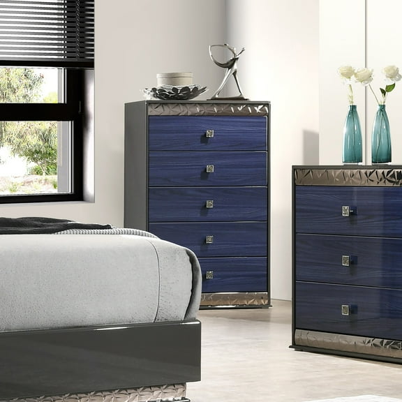 Furniture of America Kensing Adult Glam 5-Drawer Solid Wood Bedroom Vertical Dresser, Ash Gray and Indigo Blue