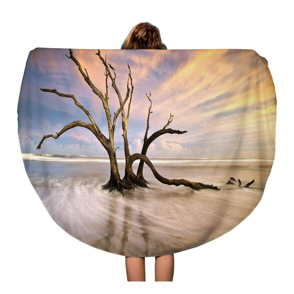 JSDART 60 inch Round Beach Towel Blanket Folly Beach Dead Tree Driftwood Ocean Sunset Charleston Sc Travel Circle Circular Towels Mat Tapestry Beach Throw