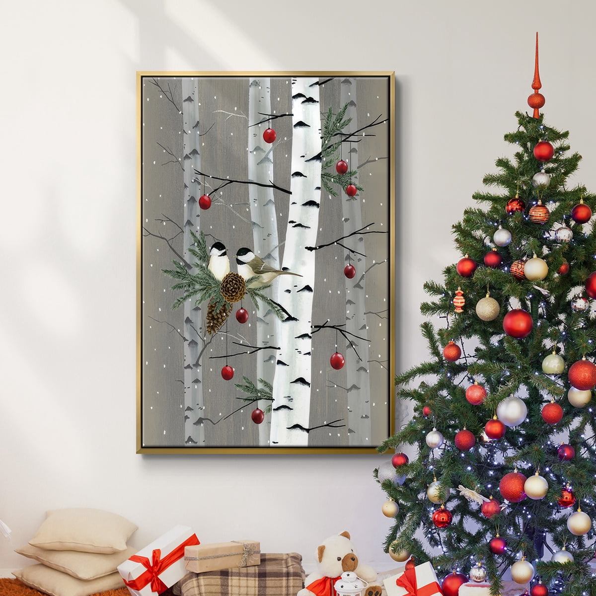 Birch Birds II - Framed Gallery Wrapped Holiday Canvas - 25 x 37 - Gold Frame