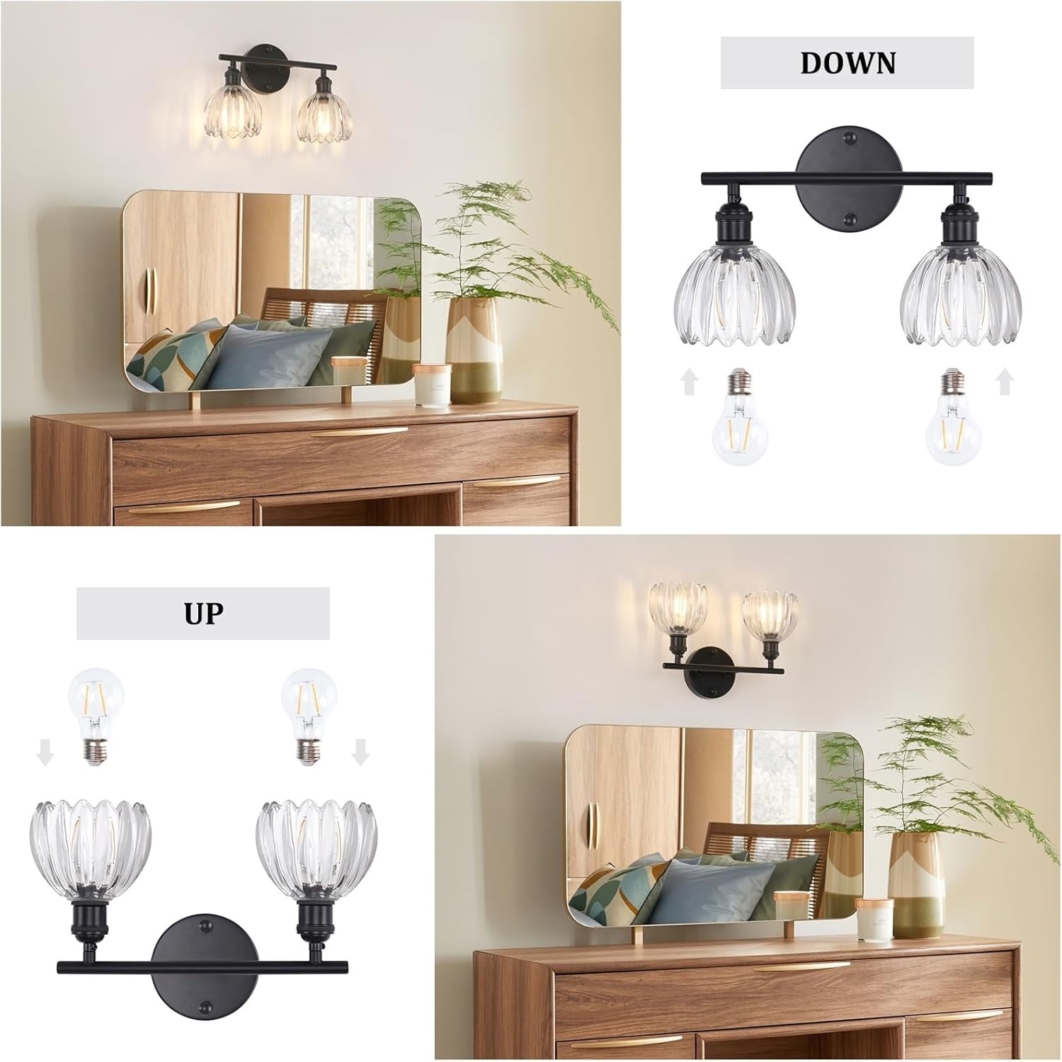 Bathroom Light Fixtures, 2-Light Black Vanity Wall Light Over Mirror with Clear Tulip Glass Shade for Bedroom Living Room (Bulb Not Included)