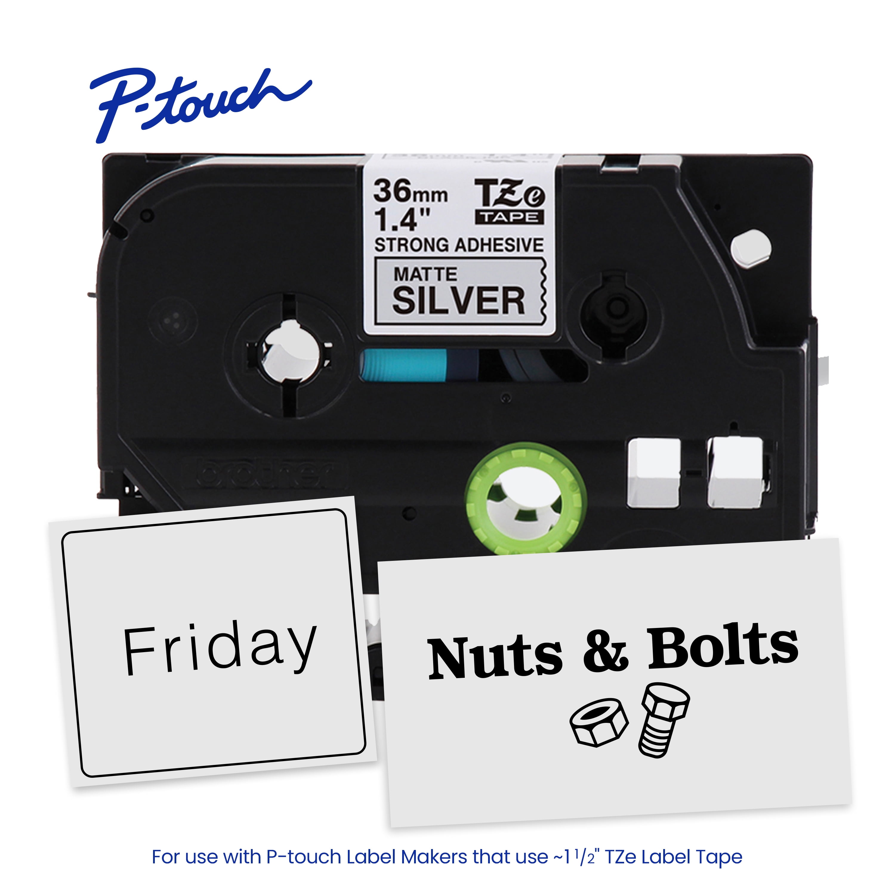 Brother P-touch TZeS961 Black Print on Matte Silver Label Tape, 1-1/2in (36mm) x 26.2ft (8m) Laminated, 1-Piece