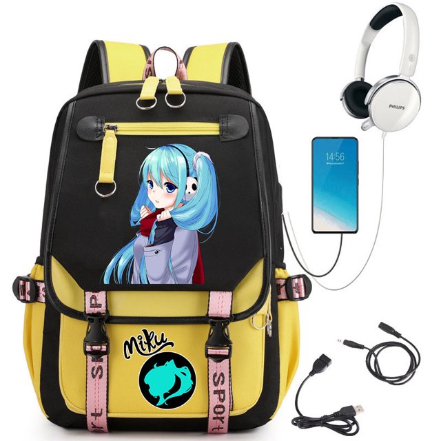 hatsune miku mochila para mujeres bolsa escolar portátil bagpack para hombres de estudiante de viaje (interfaz usb e auricular) Mochila unisex negra y amarilla 29x16x46 cm, vista frontal centrada con ilustración de Hatsune Miku en tonos turquesa, bolsillo frontal con tira rosa con texto 'SPORT', hebillas y cremalleras negras, asas acolchadas y puerto USB más entrada para audífonos visibles; incluye cable USB, cable de audio y llavero de peluche; también suele usarse para llevar laptop y material escolar en viajes cortos.