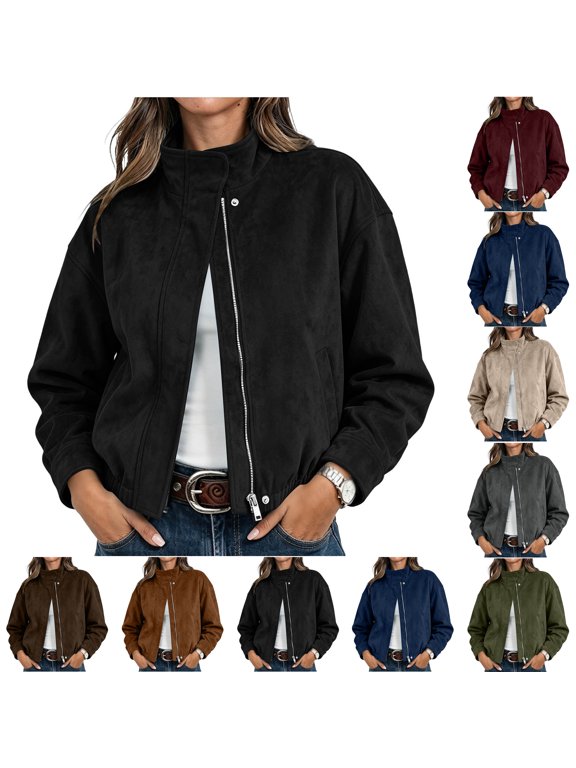 Women's Faux Suede Shacket Jackets Lightweight Cropped Coats Zip Up Collared, Oversized Fall Outerwear, Casual Work Office Clothes, Spring Winter Going Out Outfits, Patch Pockets