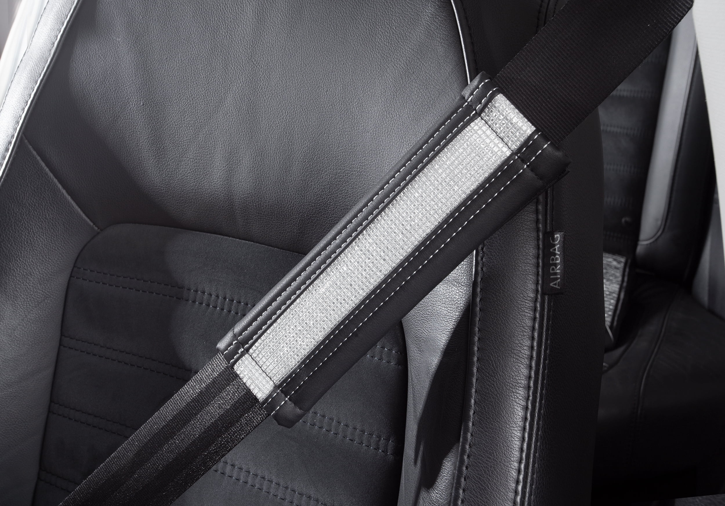 Auto Drive 1Piece Diamond Car Seat Belt Pad Faux Leather Black/Silver - Universal Fit, 23SBP100-1
