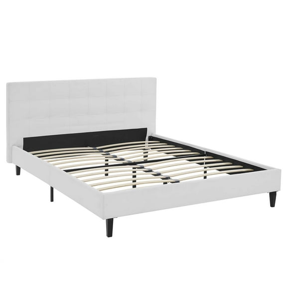 Modern Contemporary Urban Design Bedroom Full Size Platform Bed Frame, White, Faux Leather Wood