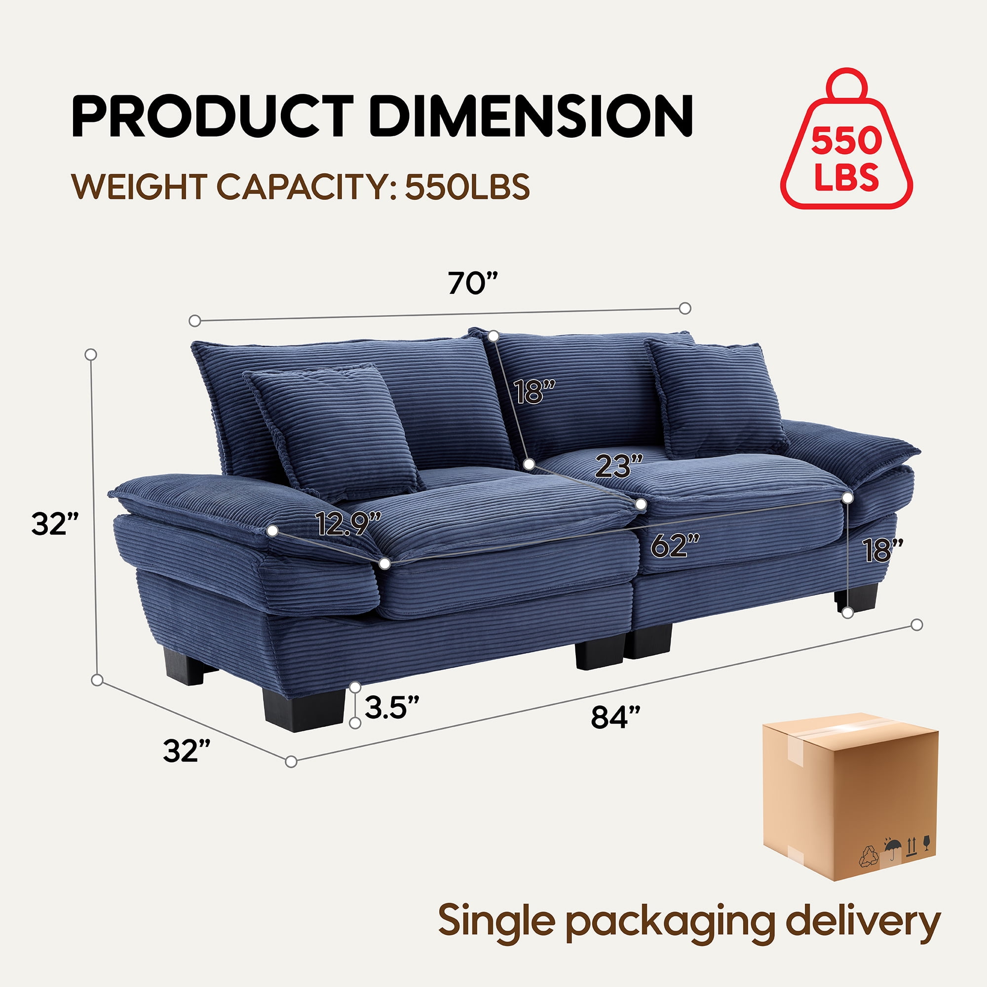 84" Comfy Corduroy Sofa 2-Seater Deep Seating Loveseat with Pillows for Small Spaces