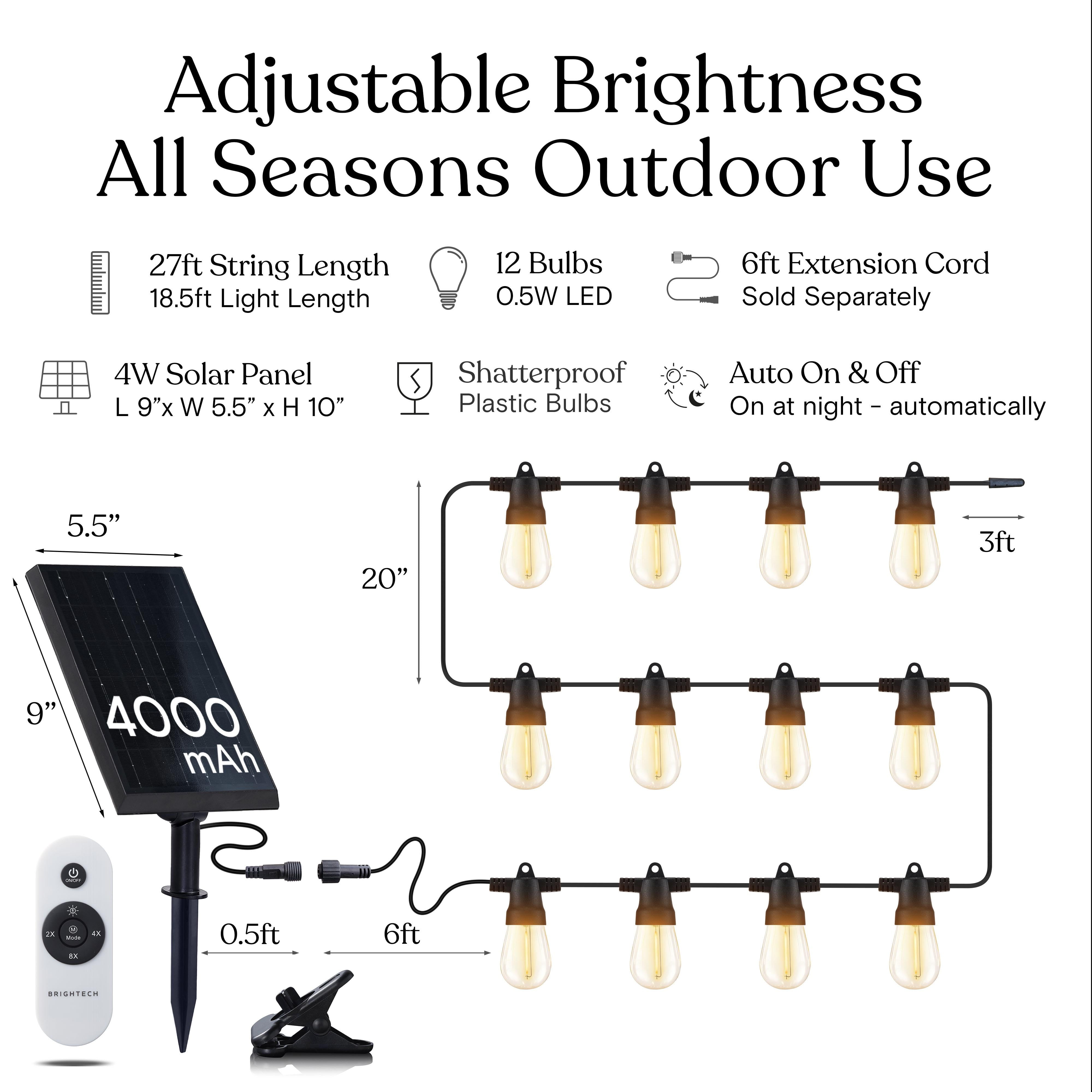 Brightech Ambience Pro Solar String Lights - Super Bright 27Ft Remote Control Outdoor String Lights with 12 Shatterproof S14 Bulbs, Commercial Grade LED, Waterproof Patio Lights, 4W Soft White