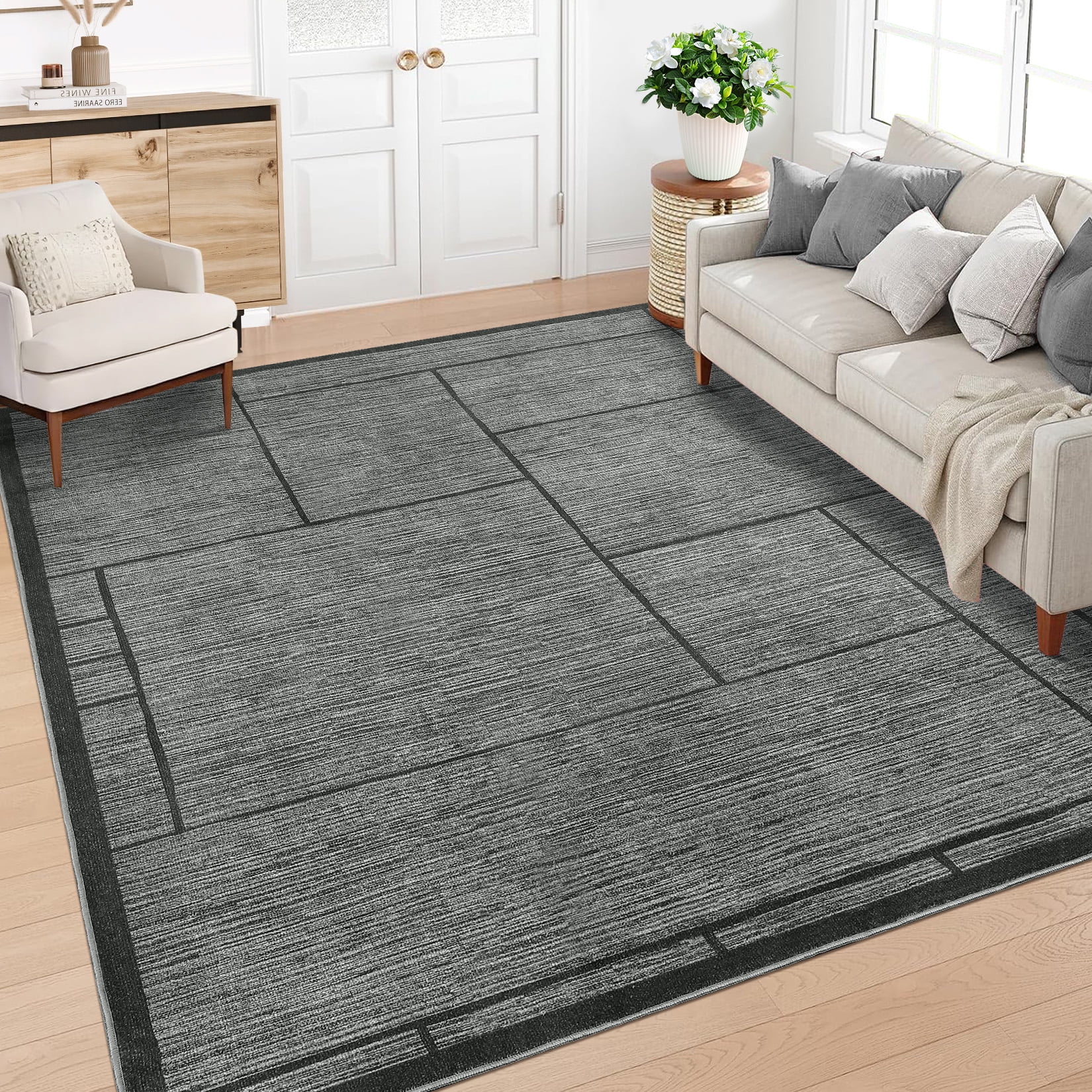 Garvee 8'x10' Modern Geometric Area Rug Solid Rug Living Room Rug, Washable Rug Non-Slip Low Pile Indoor Carpet for Bedroom Dining Room, Dark Gray