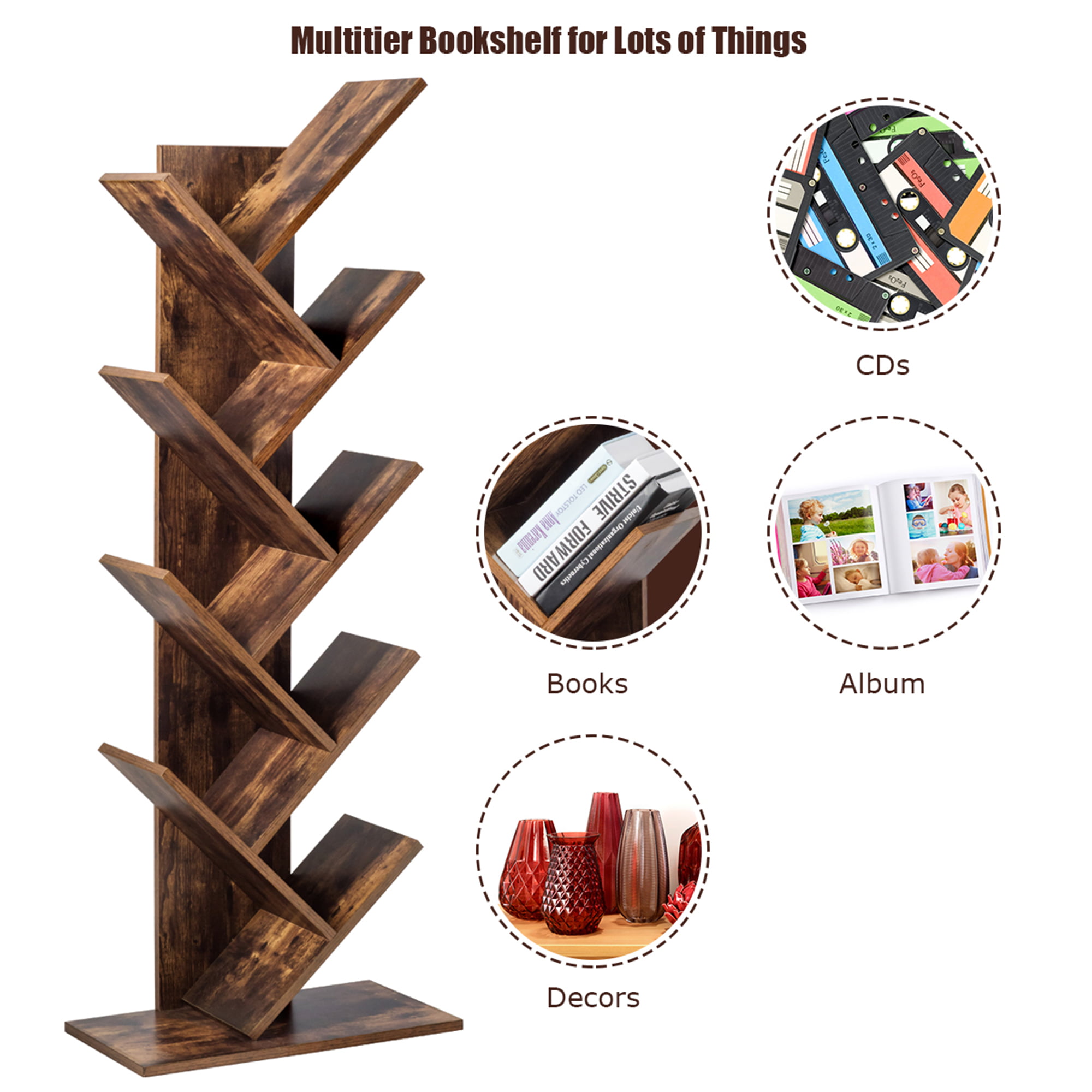 9-Shelf Tree Bookcase Wood Bookshelves Floor Standing Display Organizer for Book 