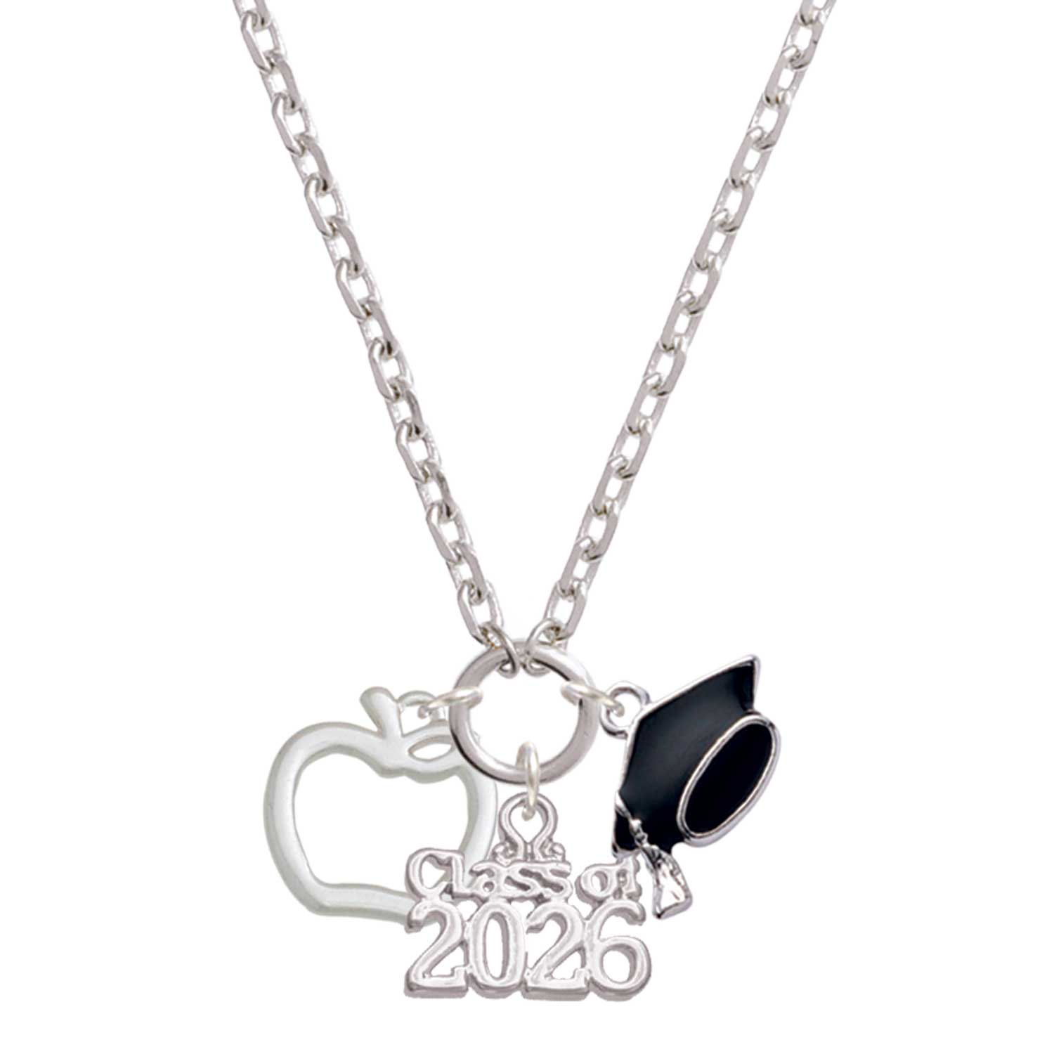 Delight Jewelry Silver-tone Apple Outline - Class of 2026 Graduation Zoey Charm Necklace, 28"