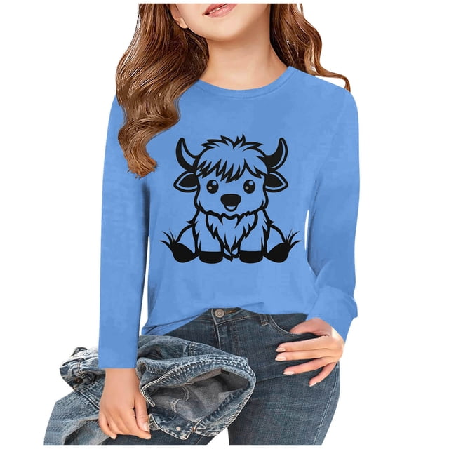 MKOSPLRT Hauts Vache Highland pour Fille Manches Longues T-Shirts Western Col Rond Mignons Chemises Décontractées Blouses Amples 2-15 Ans Cadeaux pour Enfant