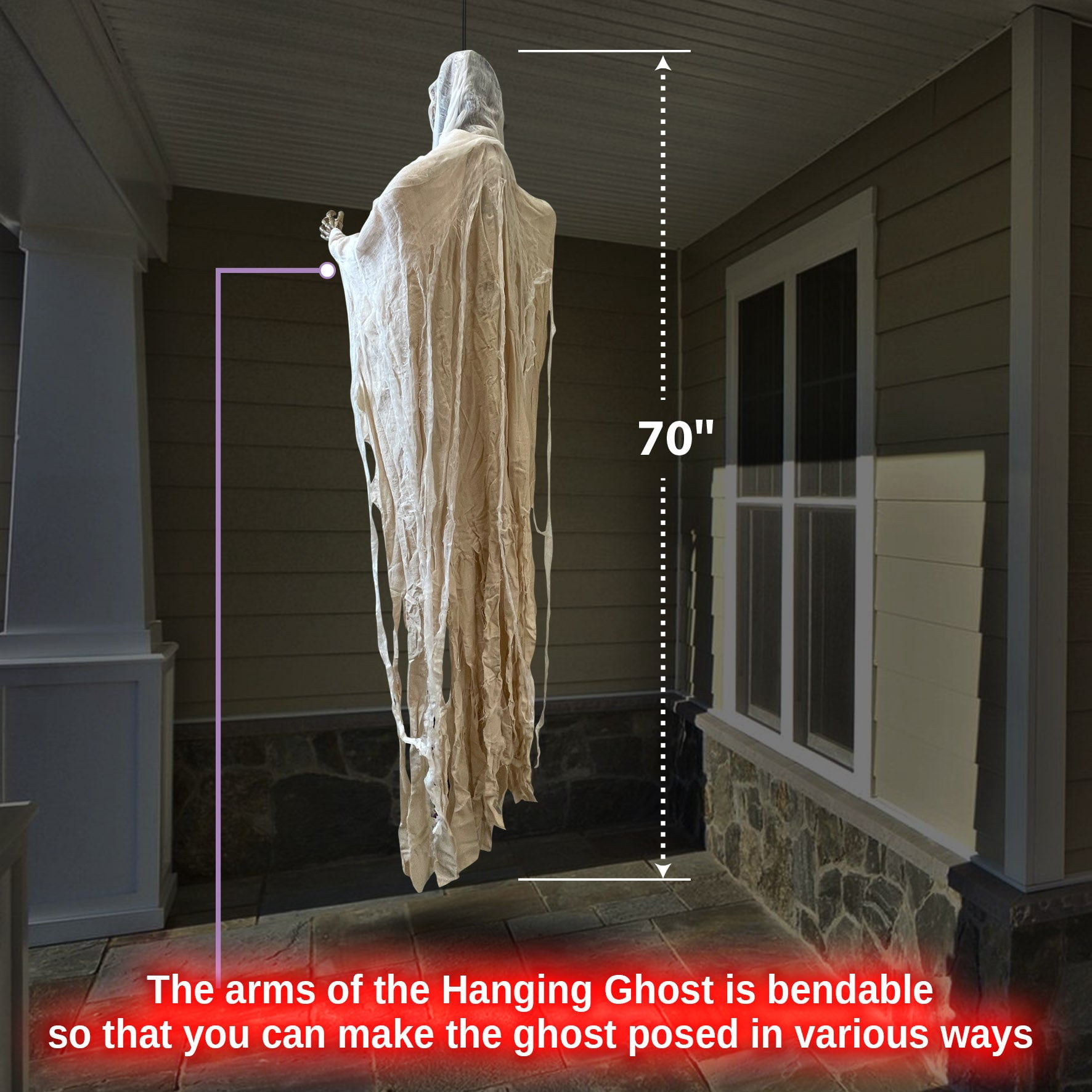 SUNNYOUTDOOR Hanging Halloween Ghost Decoration Indoor Outdoor Hanging Swing Ghost Decorations for Front Porch Yard Tree Porch Yard, White(6.6')