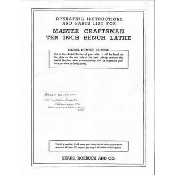 Instruction Manual ONLY for c1940s Craftsman 101.06260 10x36 Wood Lathe Instructions REPRINT