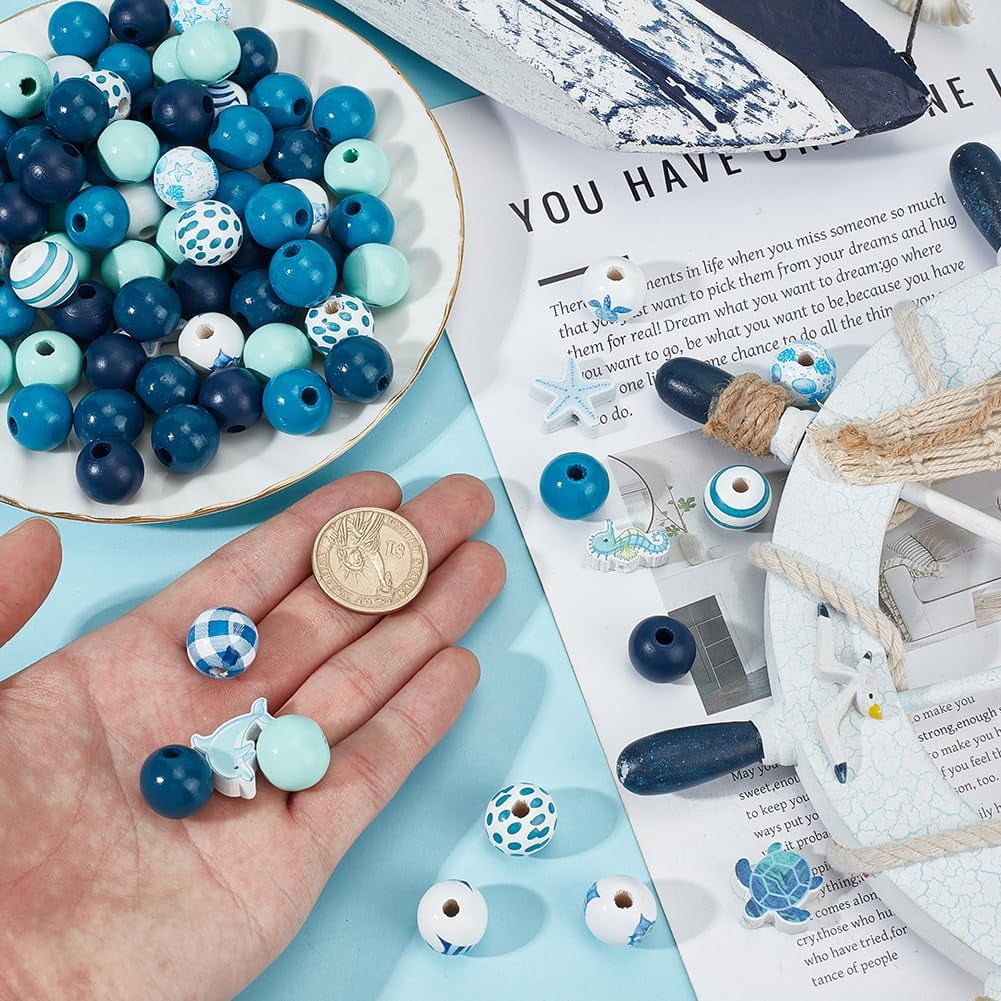 320 Pcs Ocean Wooden Beads 14 Styles Blue Wood Beads Turtle Sea Horse Dolphin Starfish Round Wood Bead Summer Nautical European Bead