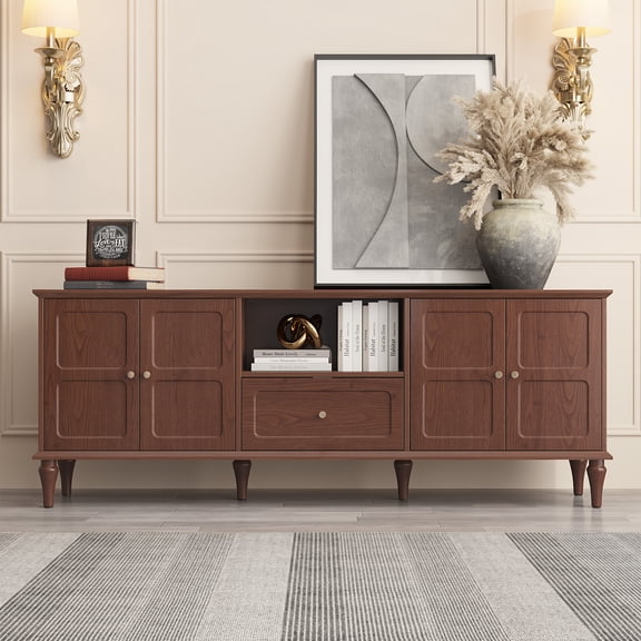 HLR 67'' Mid-Century Modern Long TV Stand with Storage Drawer and Doors, for 75 Inch TV for Living Room, Bedroom, Brown